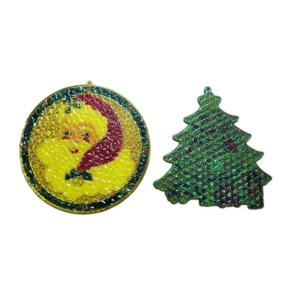 Vintage Christmas Suncatchers Lot of 2 Santa and Christmas Tree